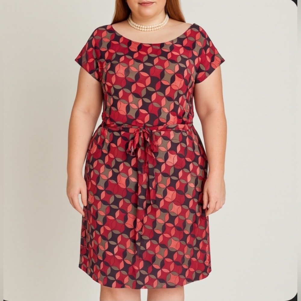 Banana Republic Red Pink  Geometric Tie Waist Midi Dress NWOT Size XL
